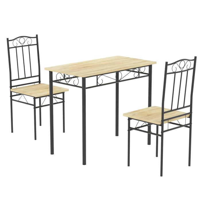 ensemble table à manger  90x 48x 75 cm et 2 chaises-hêtre clair et noir-style industriel, pour cuisine, salle à manger, salon